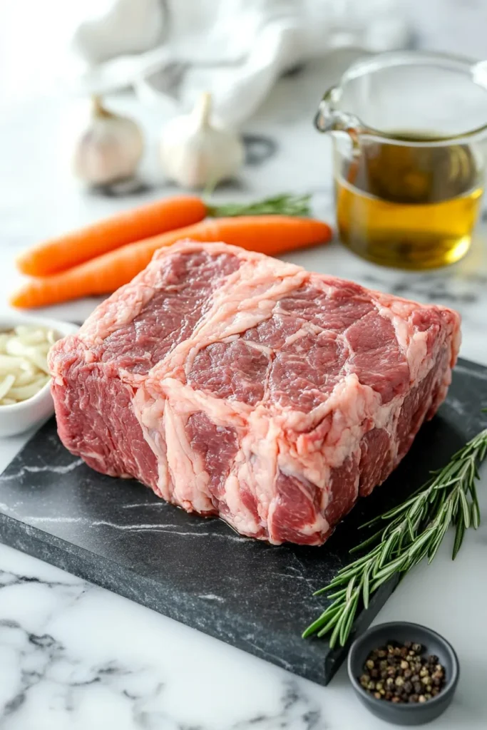 Ingredients for Keto Pot Roast Instant Pot recipe including chuck roast, herbs, onions, and beef broth.