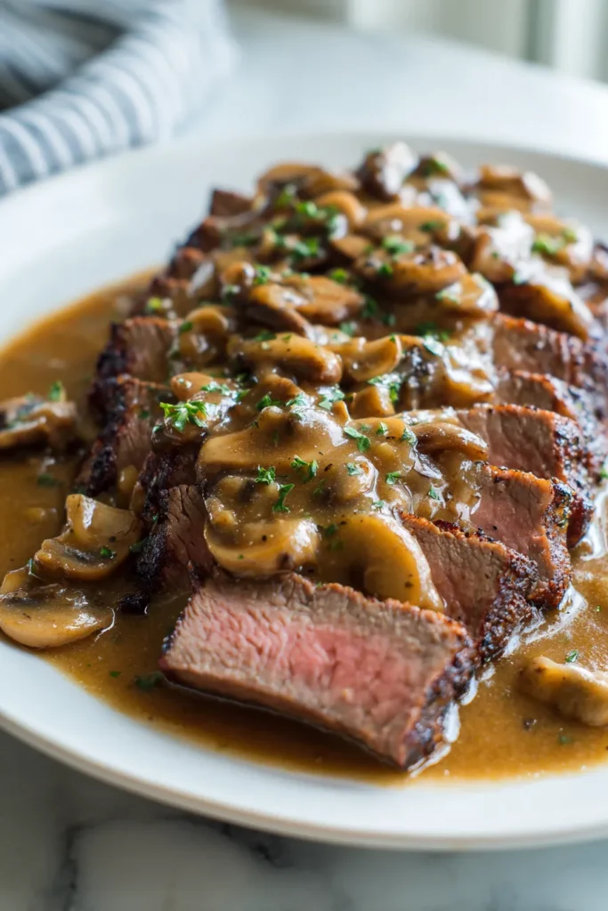Tender sliced London broil with mushroom gravy plated under bright natural white kitchen light