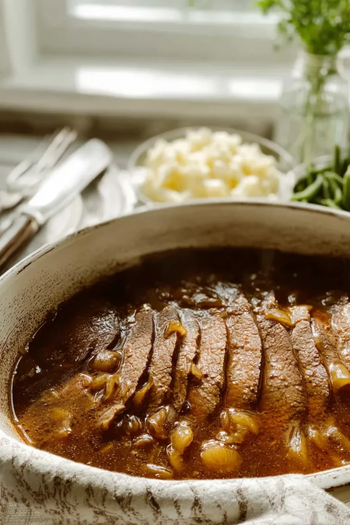 Preparing leftover London broil sandwich under soft white kitchen light