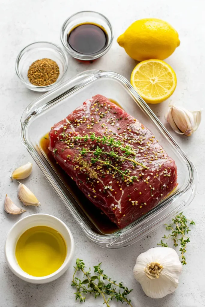 Flat lay of marinated London broil and ingredients in natural light on a white surface