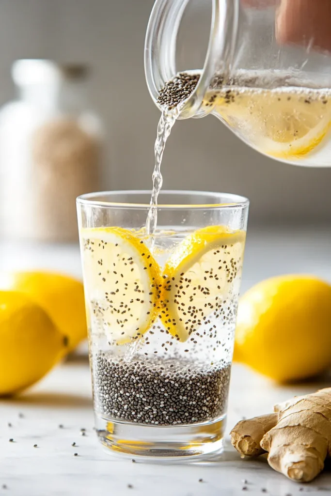 Chia seeds being added to a lemon-ginger ACV drink for a fiber-boosted Zepbound-inspired recipe.