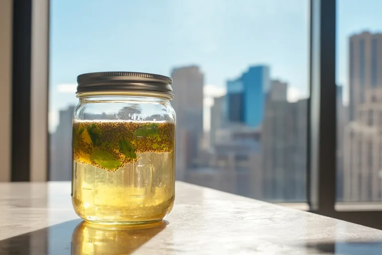 Natural Zepbound tonic with chia seeds and lemon served in a mason jar on a sunny kitchen counter.