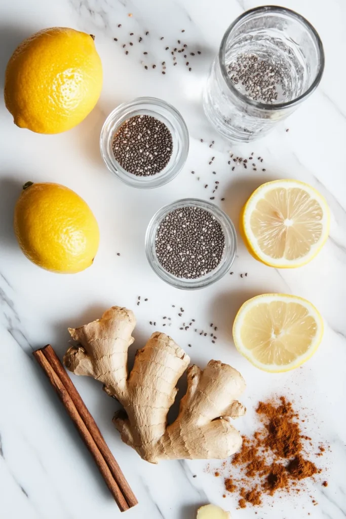 Ingredients for natural Zepbound recipe including lemon, ginger, ACV, chia, and coconut water displayed on a sunlit kitchen counter.