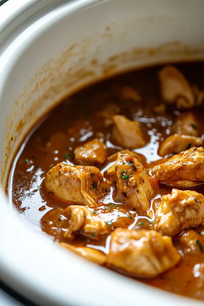 Orange chicken simmering in a Crockpot mid-cook with sauce bubbling gently.