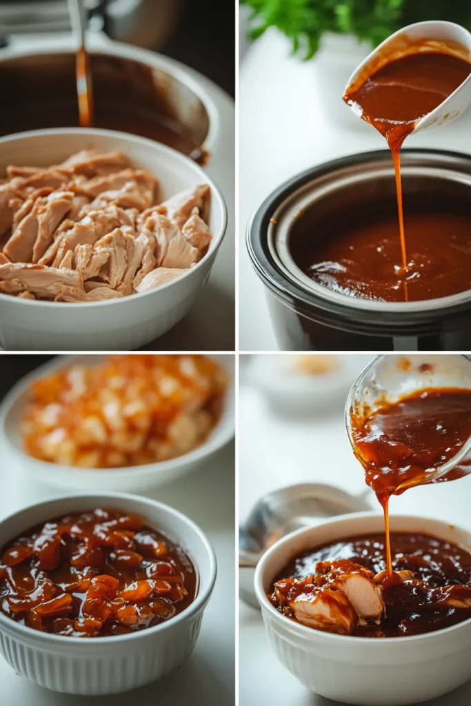 A 4-panel image showing cubed chicken in slow cooker, sauce mixing, pouring sauce over chicken, and final cooked dish.
