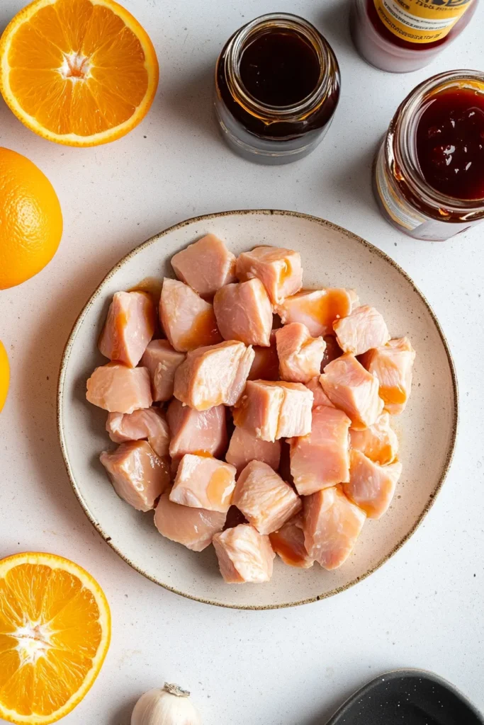 All ingredients for Orange Chicken in the Crockpot aid out on a white counter: raw chicken breast, BBQ sauce, orange marmalade, soy sauce.