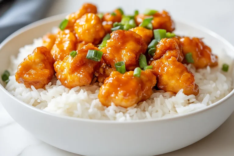 A white plate with tender orange chicken served over jasmine rice, garnished with green onions.