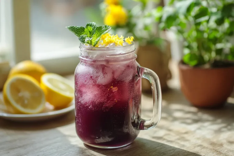 Mason jar of Purple Peel weight loss drink topped with lemon and mint in a naturally lit kitchen setting.