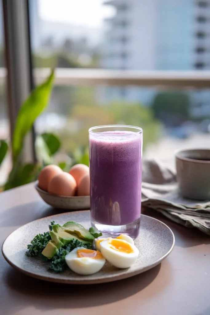 Purple Peel weight loss drink paired with a healthy breakfast in a bright kitchen.