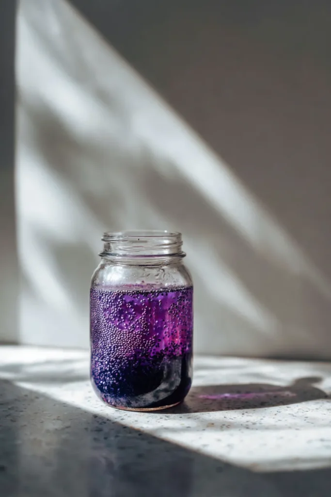 Purple Peel drink with chia seeds swelling in a glass jar in a sunlit kitchen.