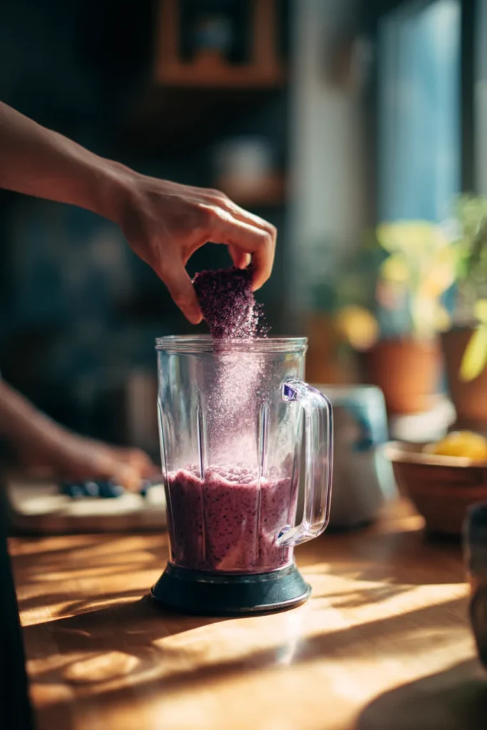 Blending purple fruits and spices to make a metabolism-boosting Purple Peel weight loss drink.