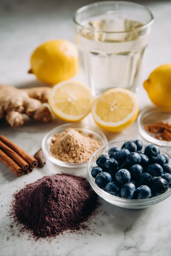 Purple Peel weight loss drink ingredients including mangosteen peel, berries, lemon, cinnamon, and ginger in a bright kitchen.