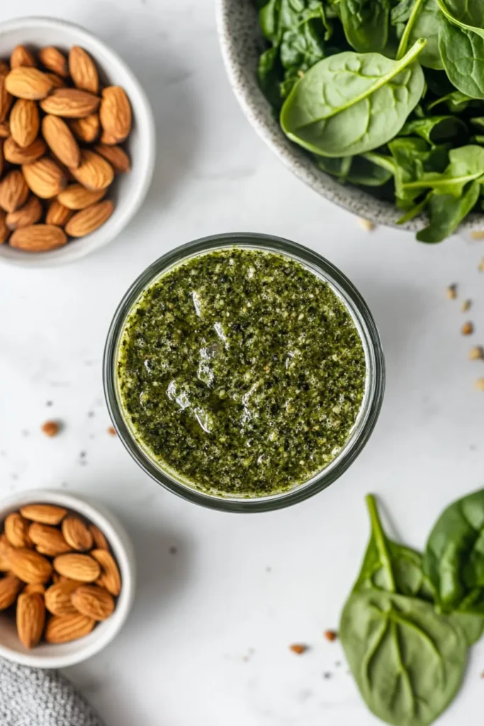 Natural Ozempic drink with healthy sides like almonds and spinach salad served in a bright, modern kitchen setting.
