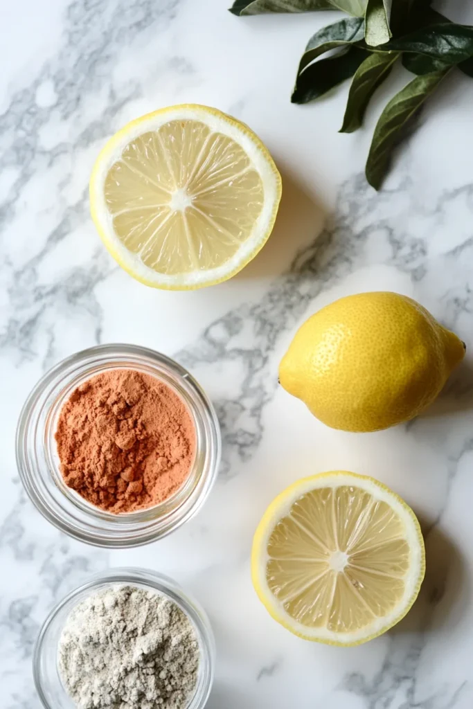 Natural ingredients for Ozempic-inspired drink including yerba mate, Organifi Red Juice, and lemon displayed on a white kitchen counter.