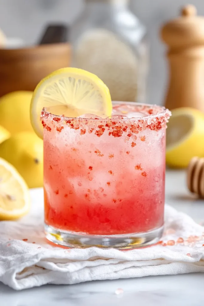 Finished pink salt recipe for weight loss served in a clear glass with lemon.