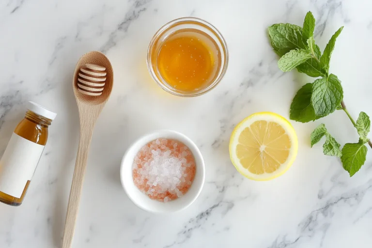 Flat lay of pink salt recipe ingredients: water, pink Himalayan salt, lemon, apple cider vinegar, and honey.
