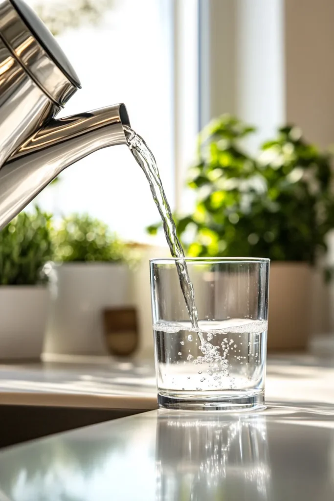 Pouring warm filtered water into a glass for the pink salt weight loss drink.