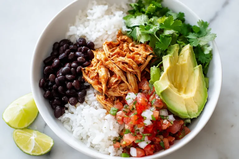 Taco bowl with chicken, rice, beans, and pico under bright natural kitchen light.