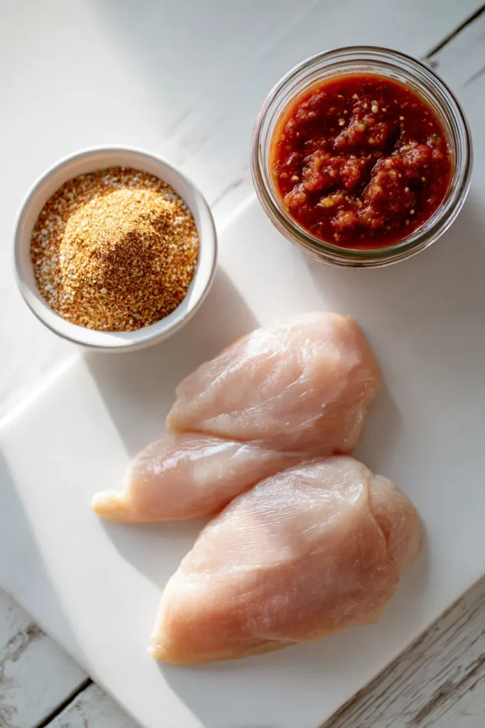 Raw chicken, taco seasoning, and salsa beautifully displayed on a white counter under natural light. 3 ingredient crockpot chicken tacos