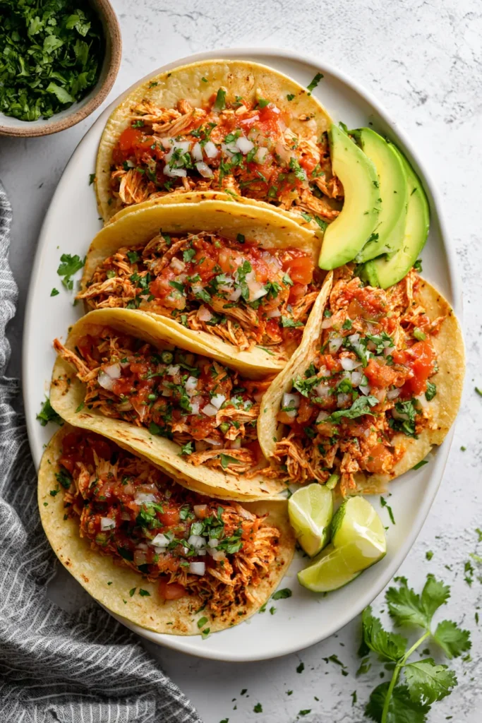 Shredded chicken tacos with avocado and cilantro arranged in tortillas on a white counter under natural light.