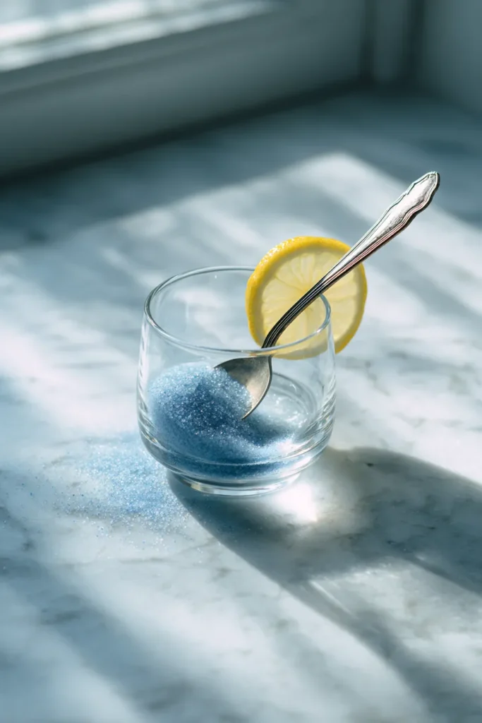 Stirring Persian blue salt into warm water with lemon in a bright white kitchen—step of the Blue Salt Trick recipe.
