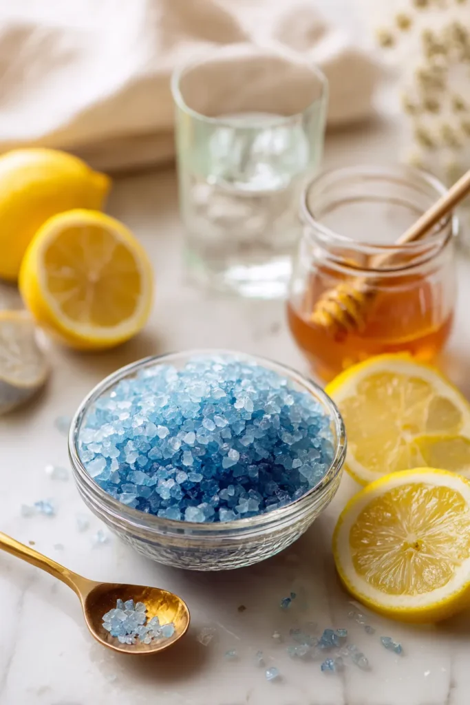 Persian blue salt, lemon, honey, and warm water displayed on a white counter with natural daylight—Blue Salt Trick recipe ingredients.