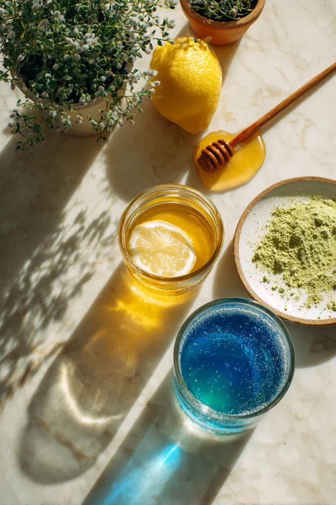 Honey, lemon, and matcha beside Blue Salt Trick drink for flavor variations, shown in a natural white kitchen.