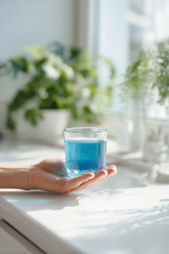 Blue Salt Trick drink held near a sunny window—ideal for morning hydration and detox, with fresh, natural light.