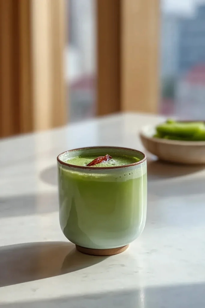 A glass of Japanese Mounjaro drink with matcha, ginger, and umeboshi in white natural kitchen light.