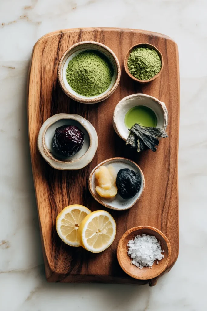 Japanese Mounjaro Recipe ingredients styled neatly in ceramic dishes under natural kitchen light. Caption: All the healing ingredients you need for a natural Japanese Mounjaro detox drink.